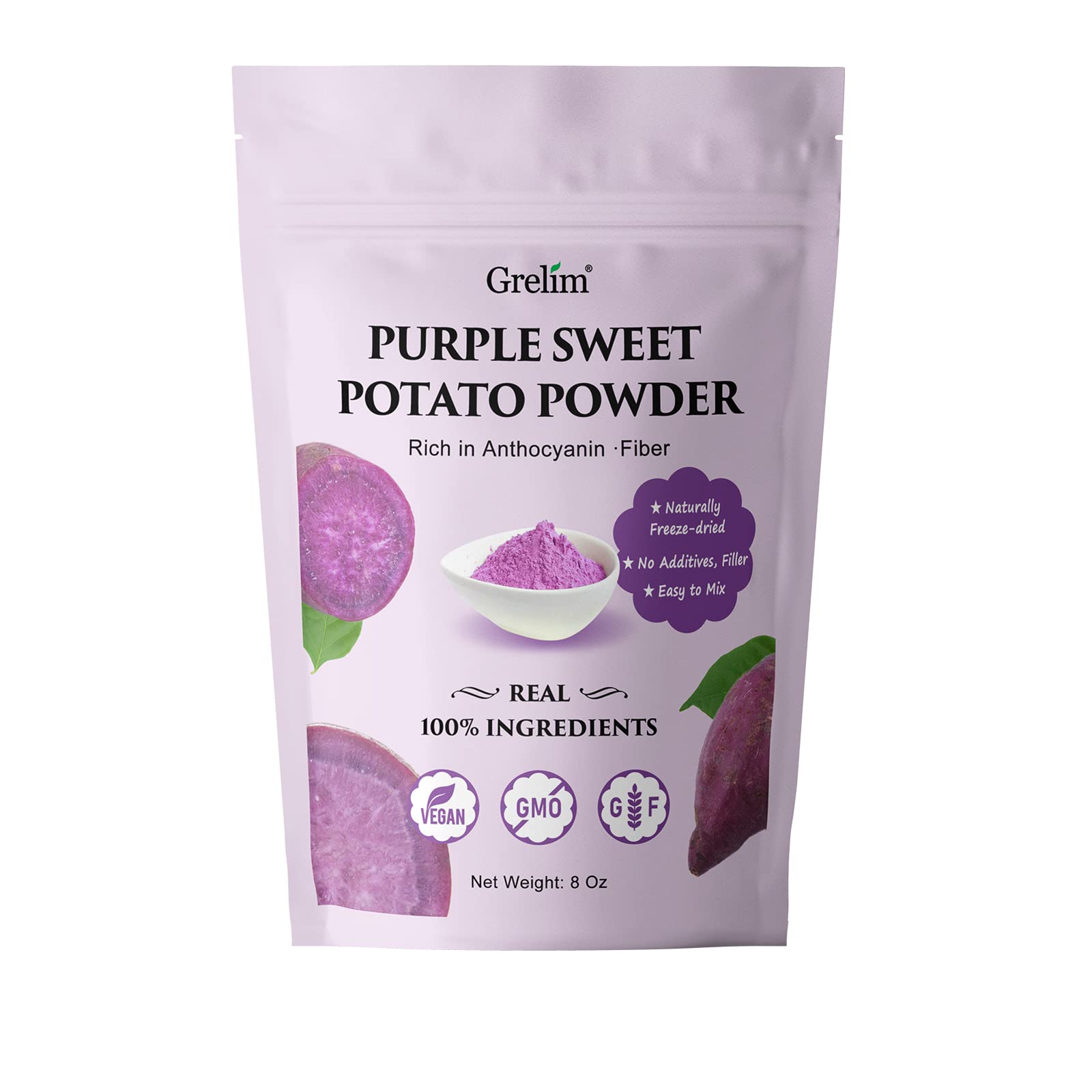 Grelim Ube powder bag closeup shows premium purple yam color for smoothies