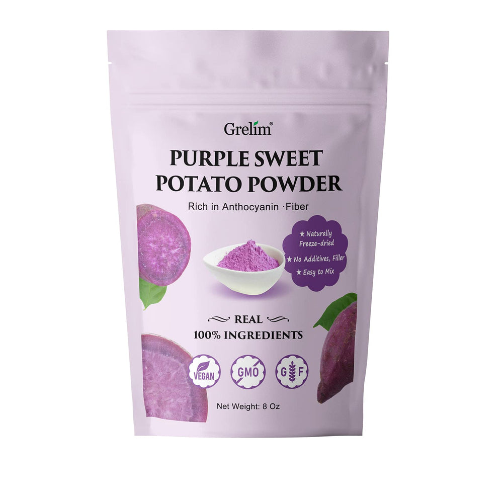 Grelim Ube powder bag closeup shows premium purple yam color for smoothies