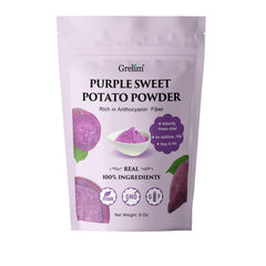 Grelim Ube powder bag closeup shows premium purple yam color for smoothies