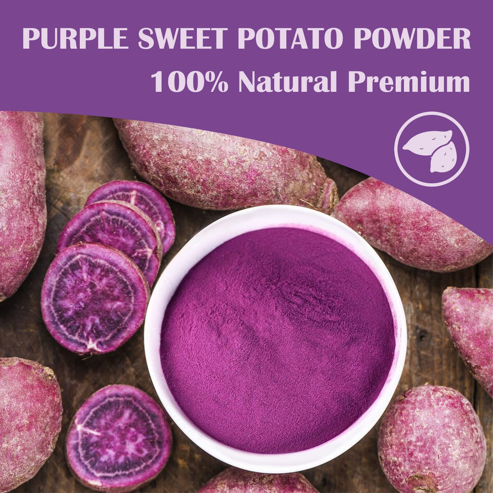 Grelim Ube powder dissolving in water creates vibrant drinks