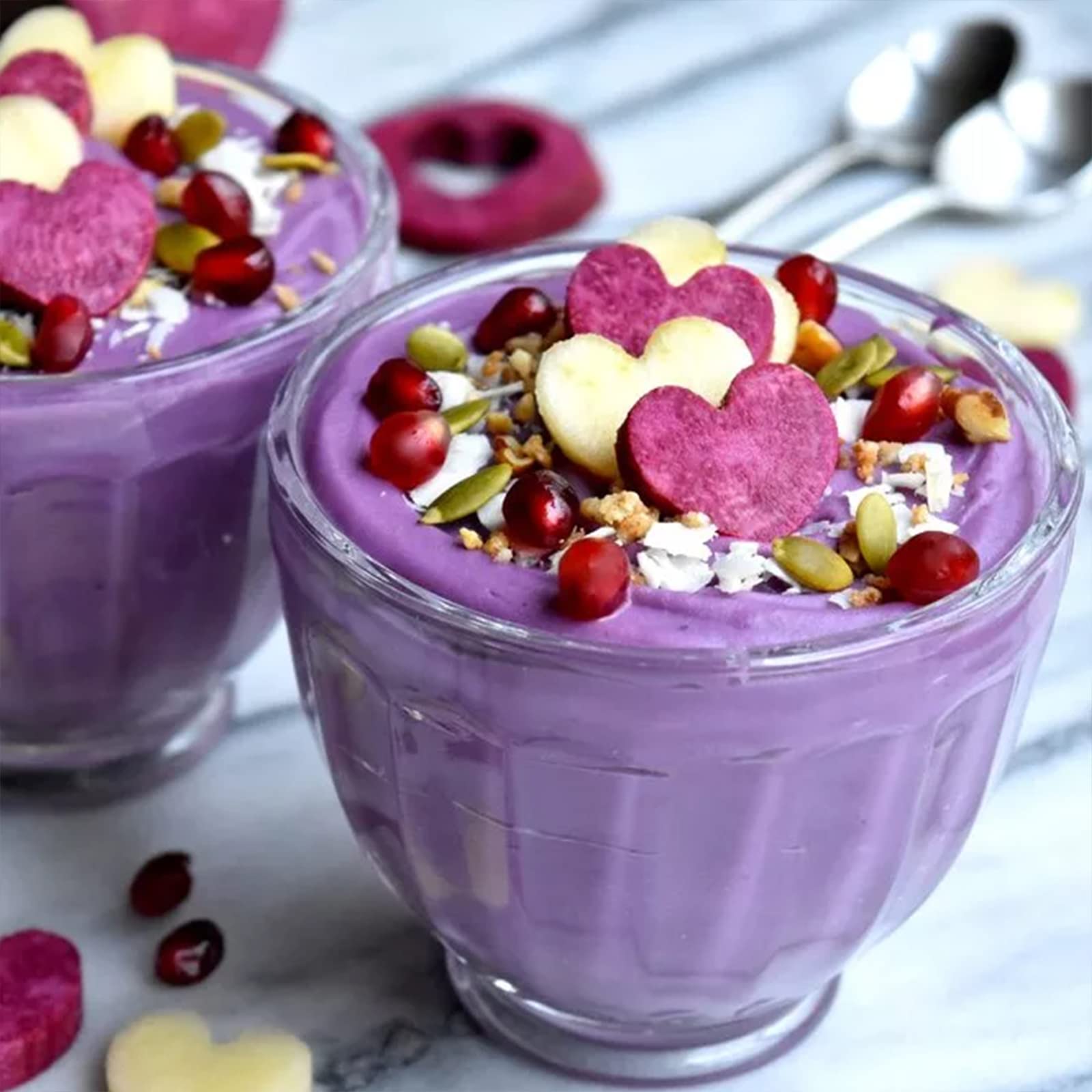 Grelim Ube powder dusted on yogurt for a colorful topping