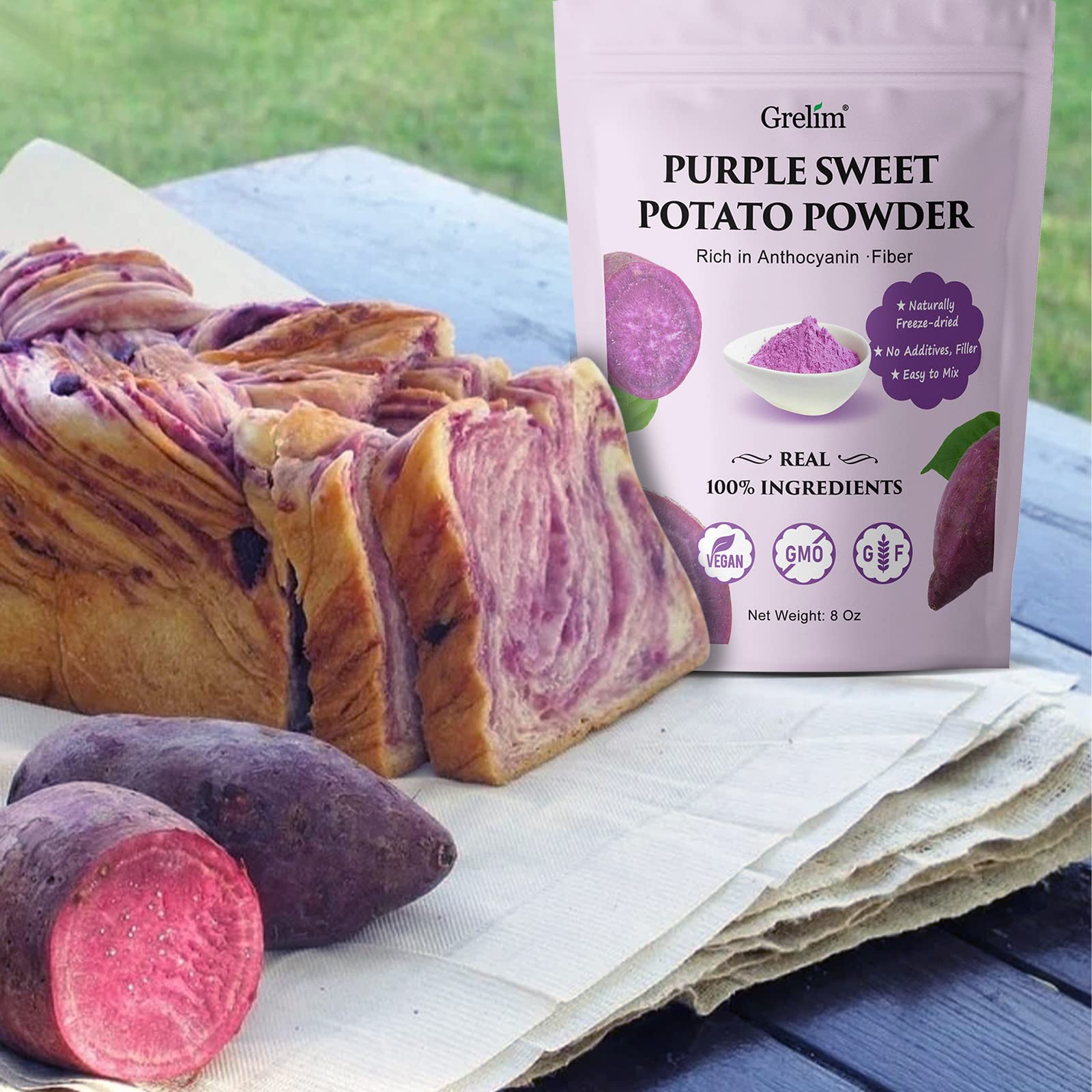 Grelim Ube powder resealable bag highlights convenient packaging