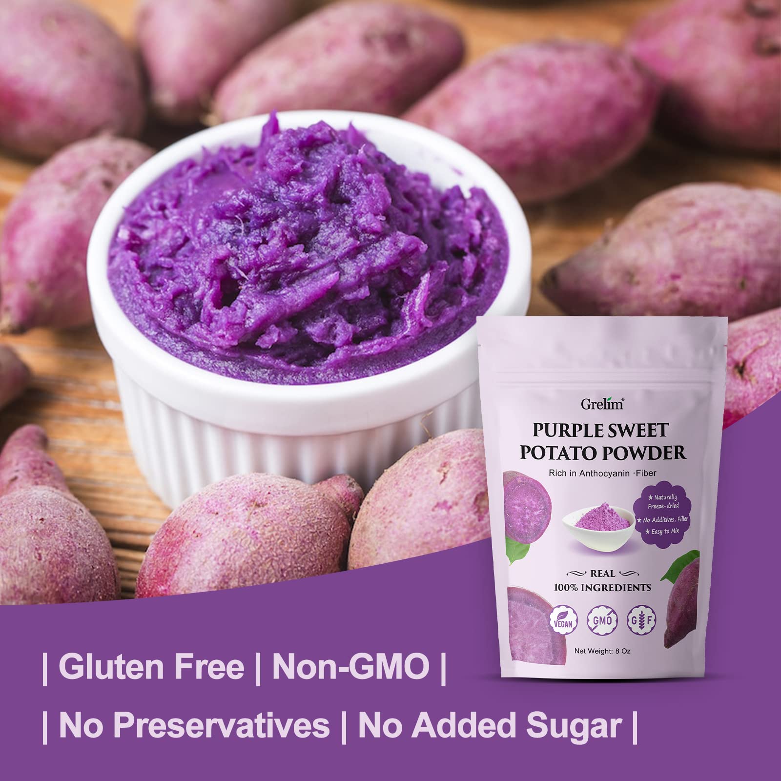 Grelim Ube powder ready to scoop from resealable bag