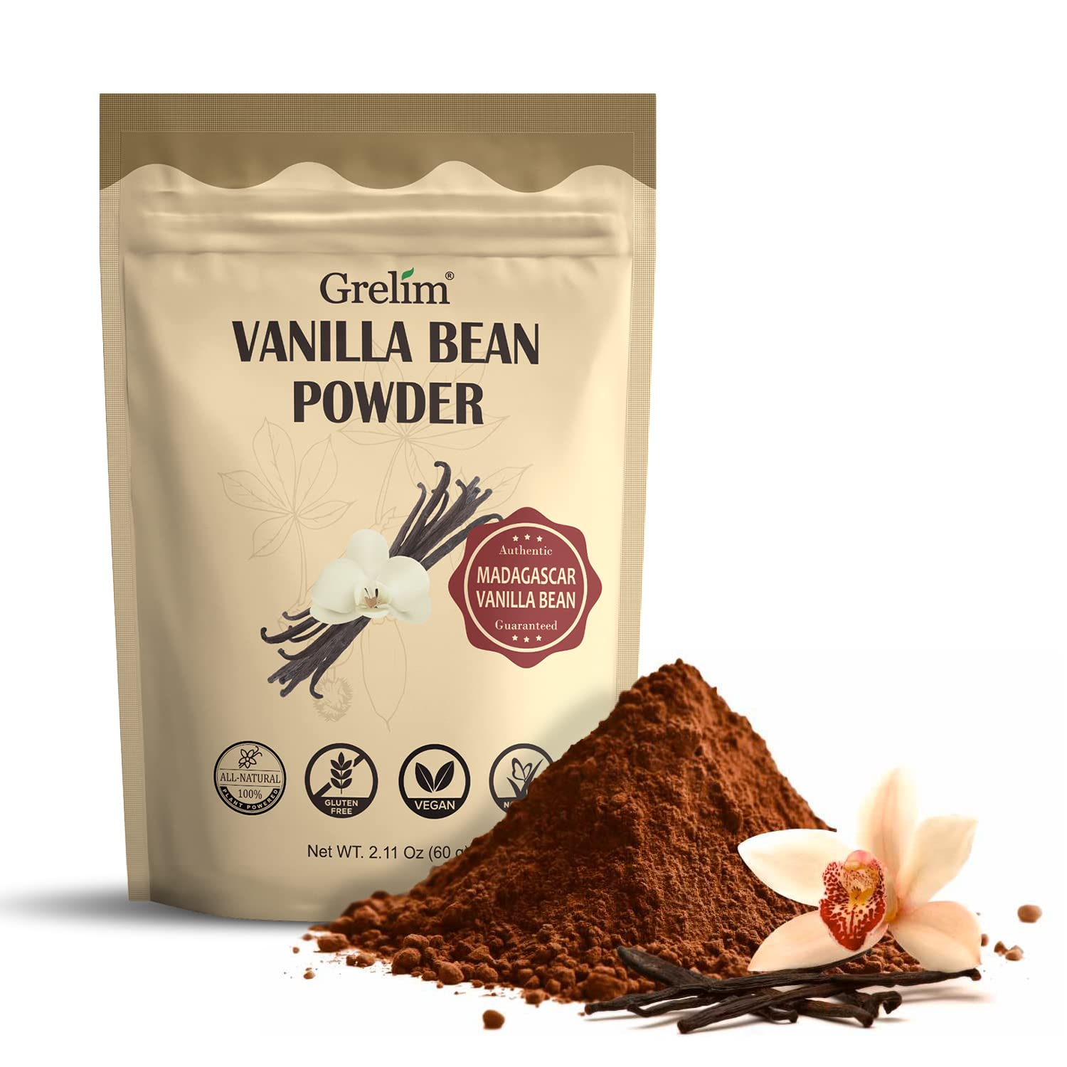 GRELIM vanilla bean powder in resealable bag with rich Madagascar aroma for baking.