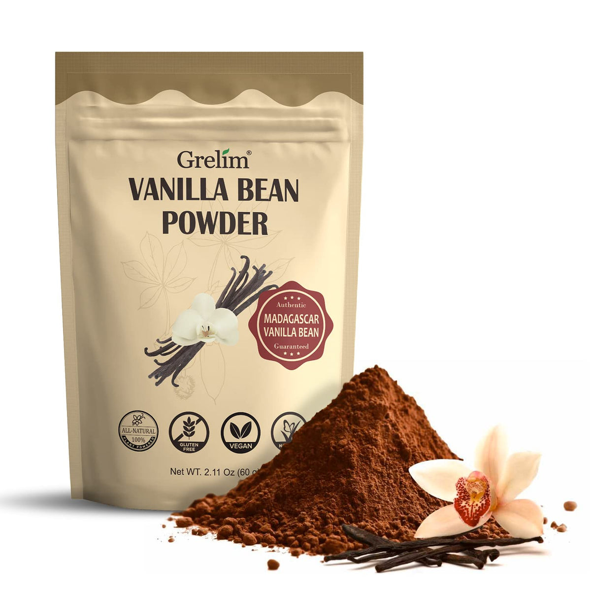 GRELIM vanilla bean powder in resealable bag with rich Madagascar aroma for baking.