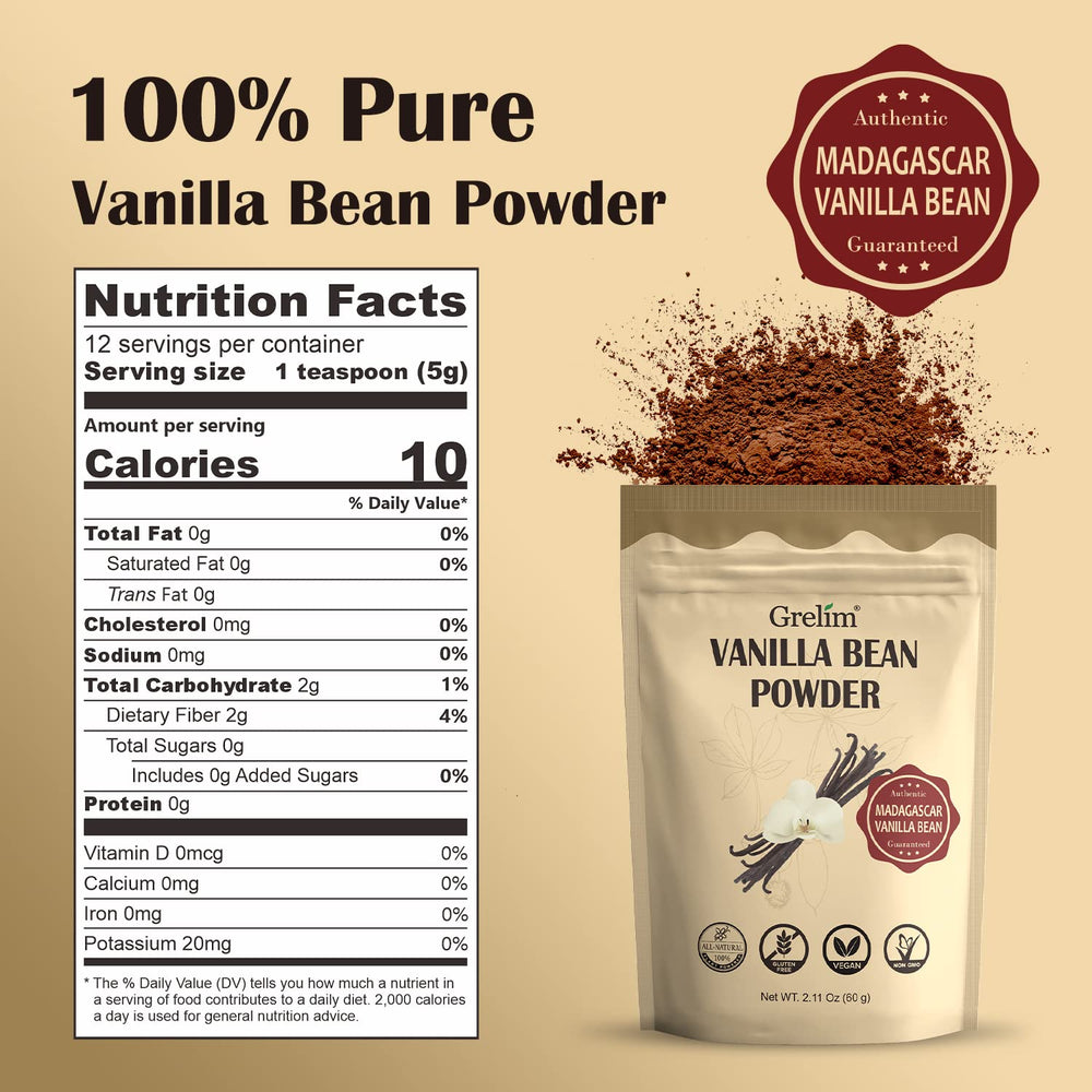 GRELIM vanilla bean powder close-up showing texture for dessert flavoring.
