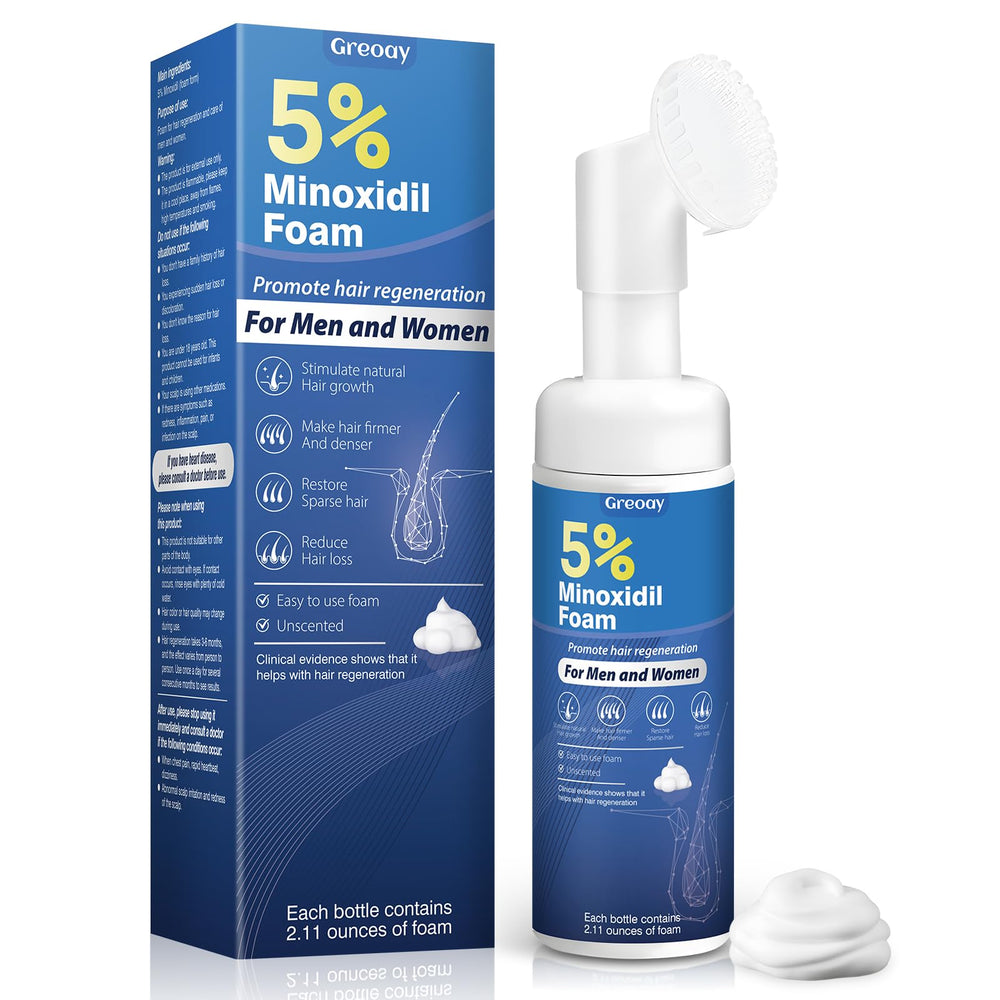 Greoay 5percent minoxidil bottle supports at-home scalp care.