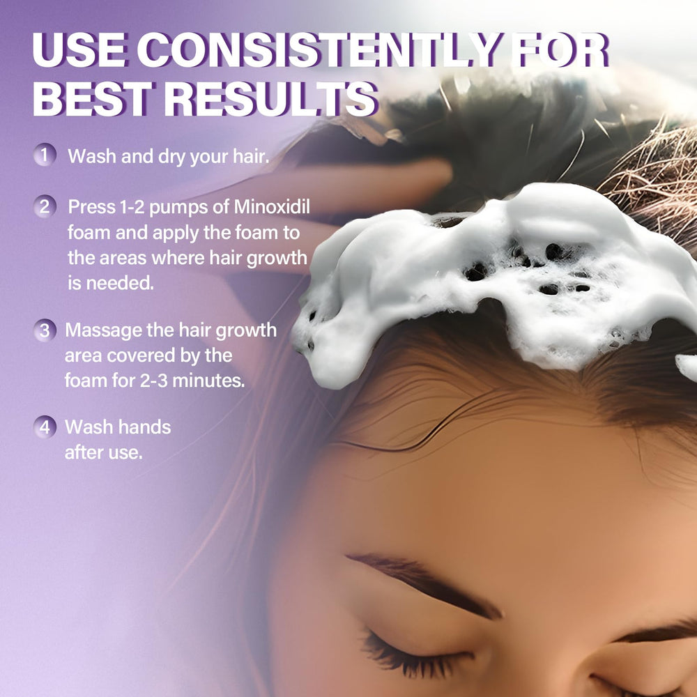 Greoay woman applying minoxidil foam for daily hair care.
