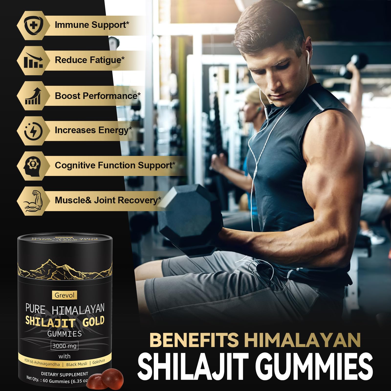 Herbal blend visuals show Ashwagandha, Ginger, Black Musli in Grevol gummies.