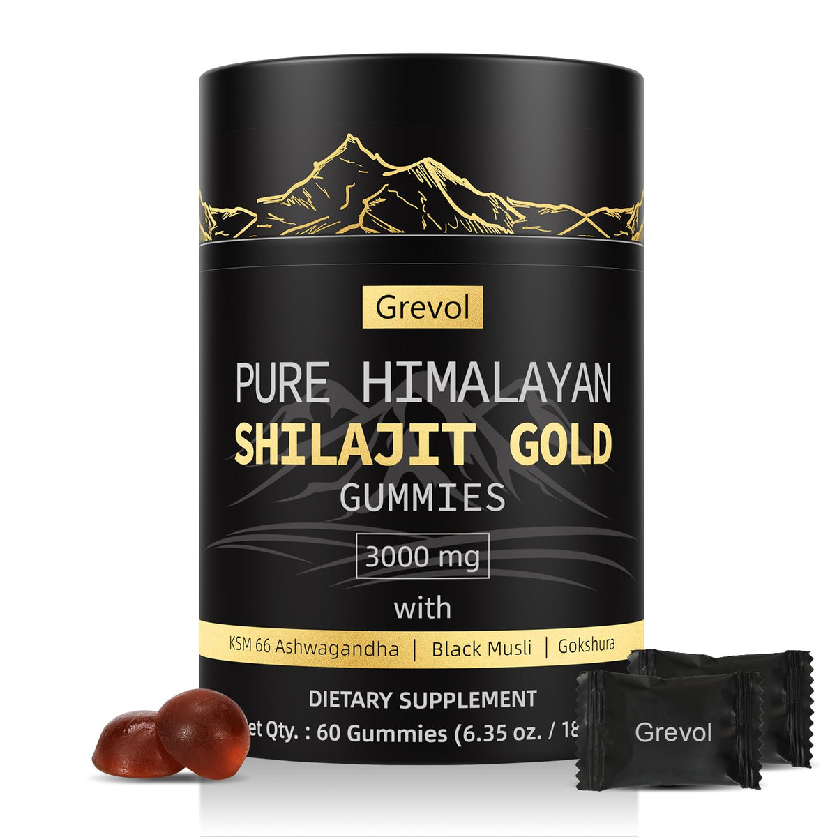 Grevol Himalayan Shilajit Gummies bottle, convenient daily supplement on the go.