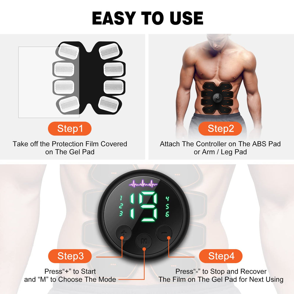 Grexemin ABS Stimulator USB charging port enables quick recharge for workouts.