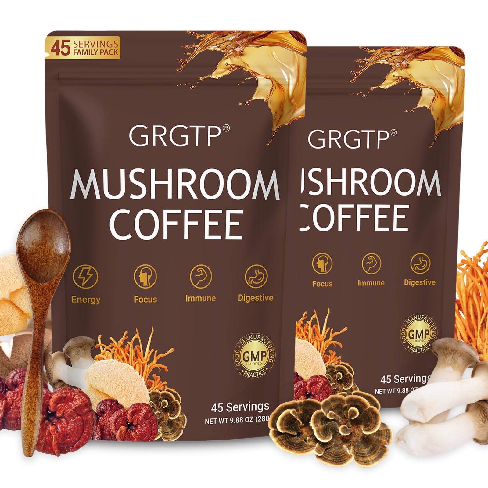 GRGTP Mushroom Coffee bag front highlights 6 adaptogens for balanced energy.
