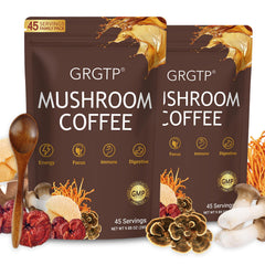 GRGTP Mushroom Coffee bag front highlights 6 adaptogens for balanced energy.