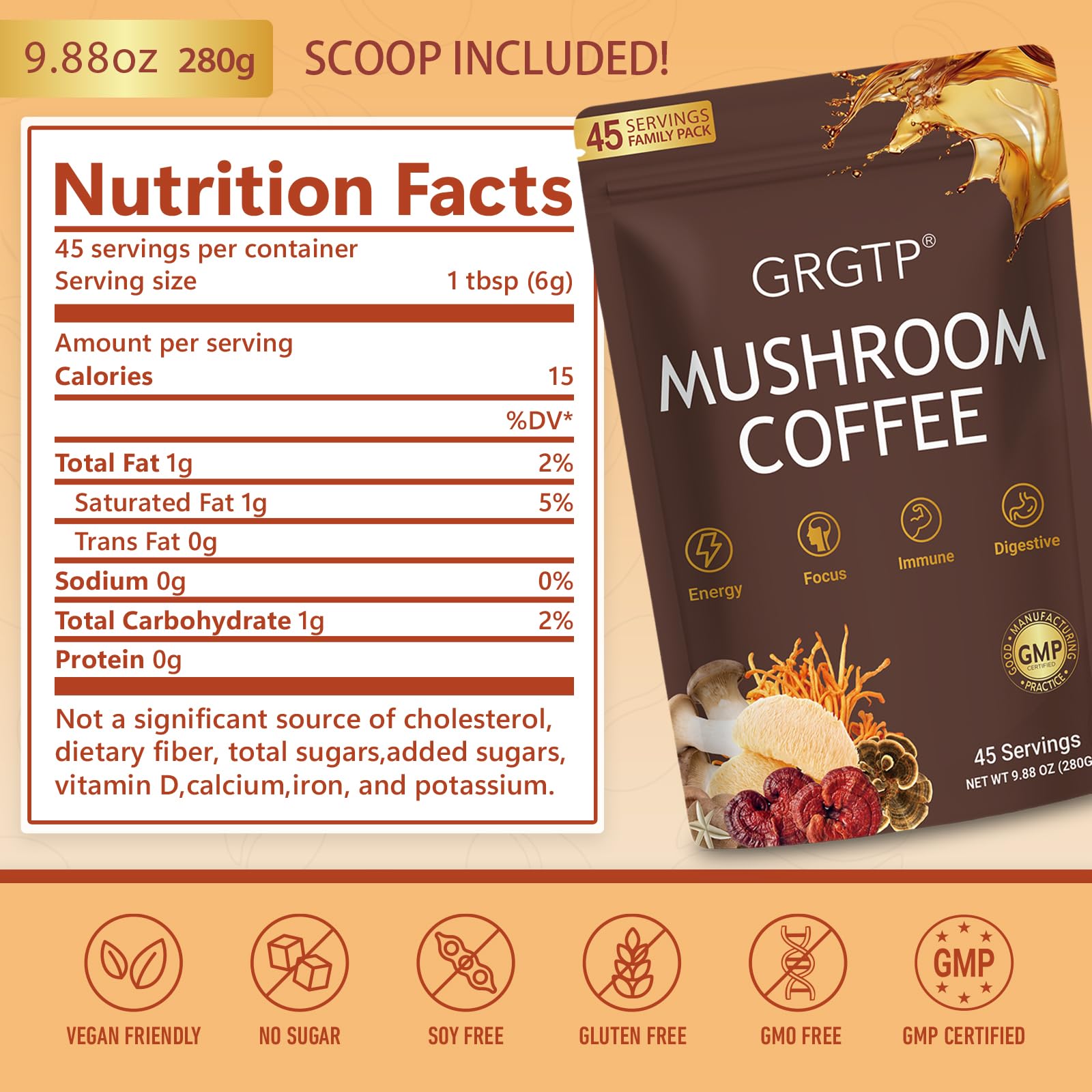 GRGTP Mushroom Coffee ingredients chart lists six functional mushrooms for energy and focus.