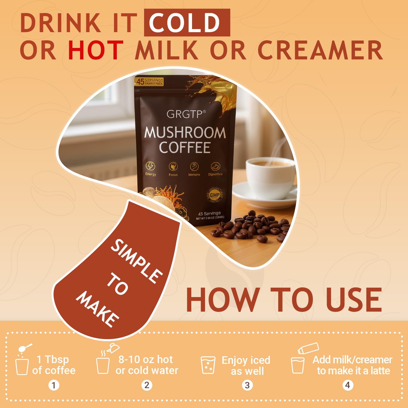 GRGTP Mushroom Coffee measuring spoon helps prep a quick adaptogenic brew.