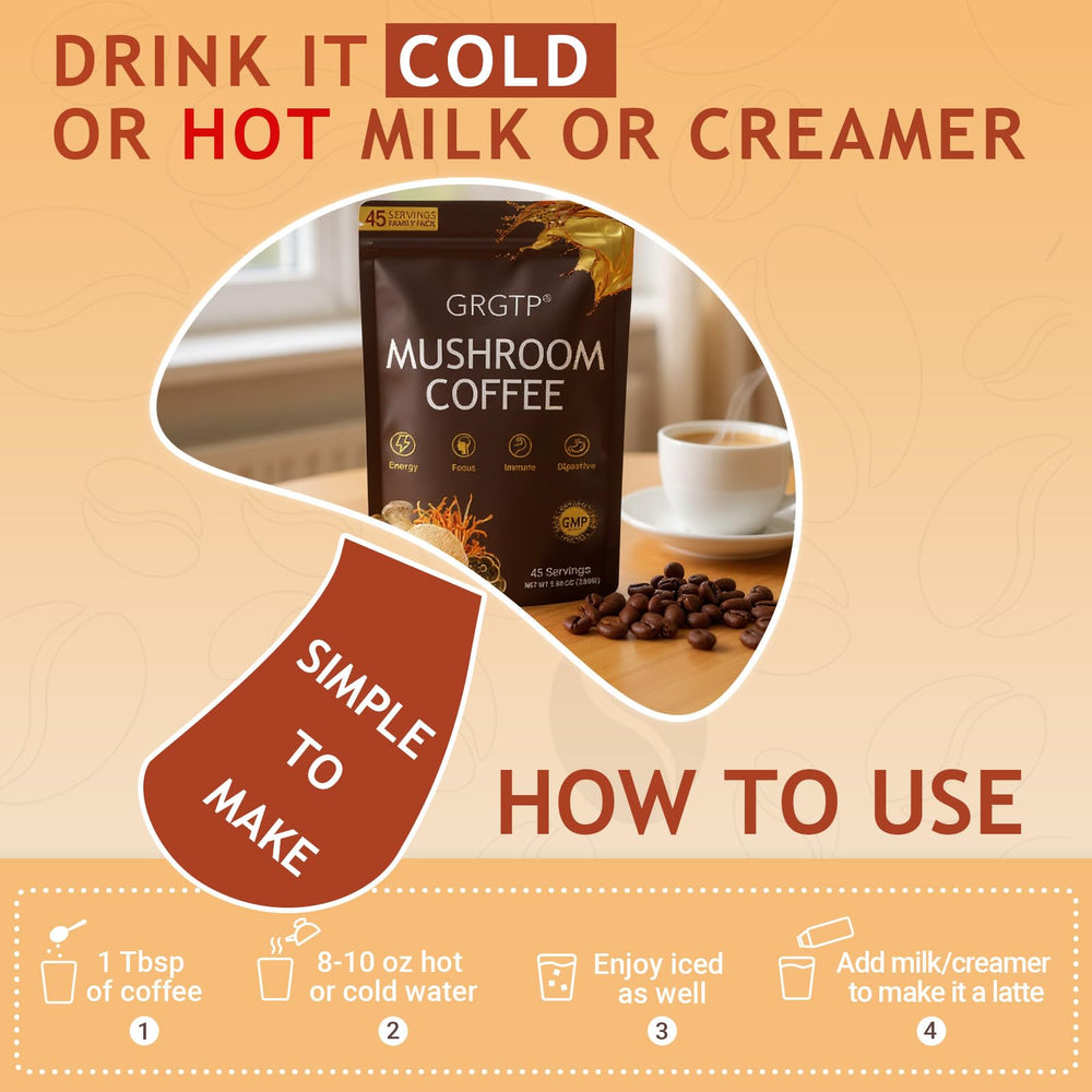 GRGTP Mushroom Coffee measuring spoon helps prep a quick adaptogenic brew.