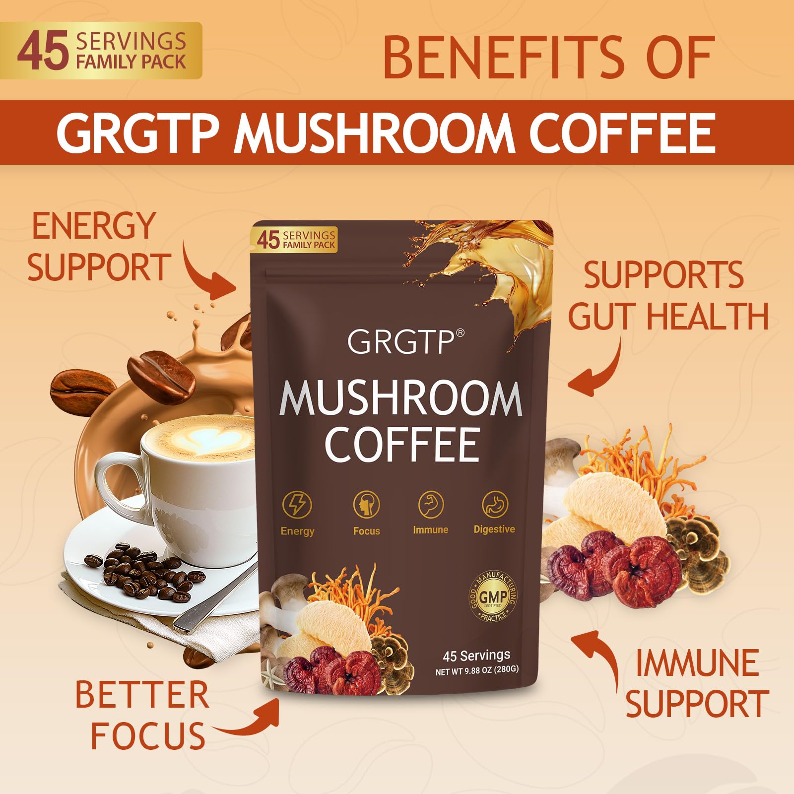 GRGTP Mushroom Coffee packaging vertical view shows 90 servings and vegan features.