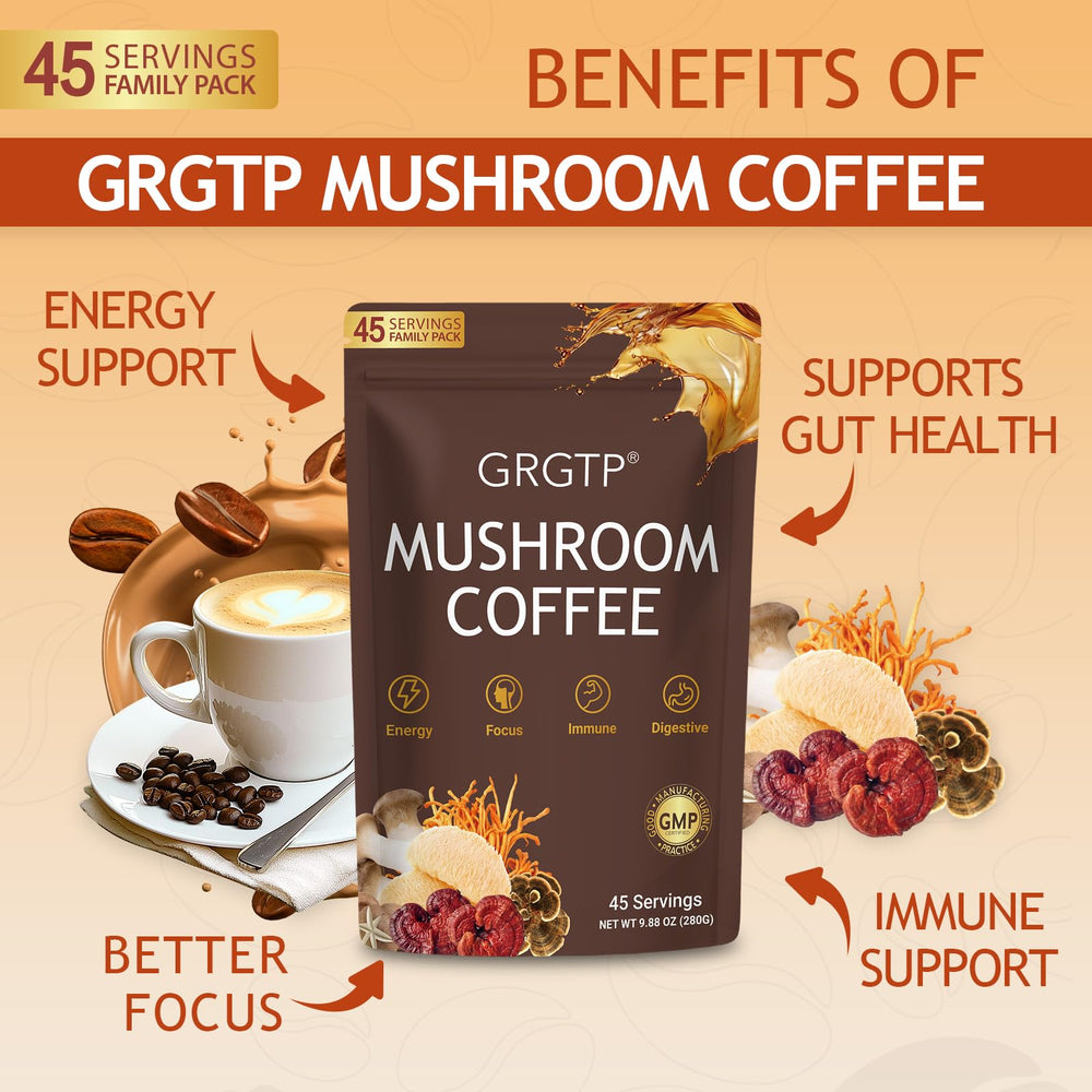GRGTP Mushroom Coffee packaging vertical view shows 90 servings and vegan features.