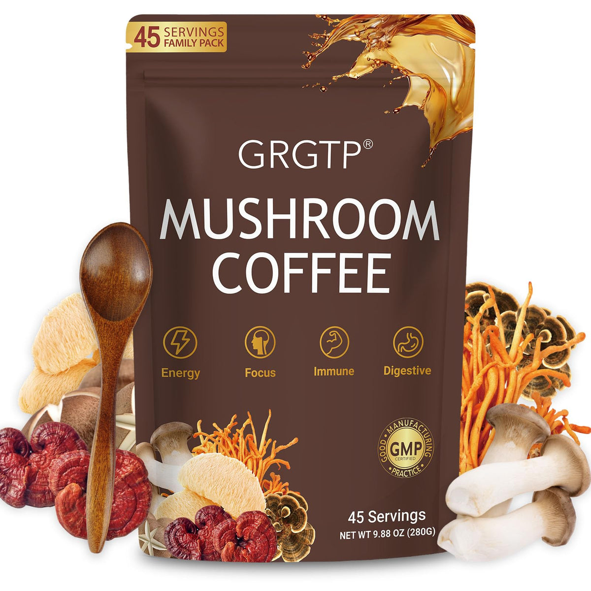 GRGTP Mushroom Coffee packaging highlights six-adaptogen blend for balanced energy.