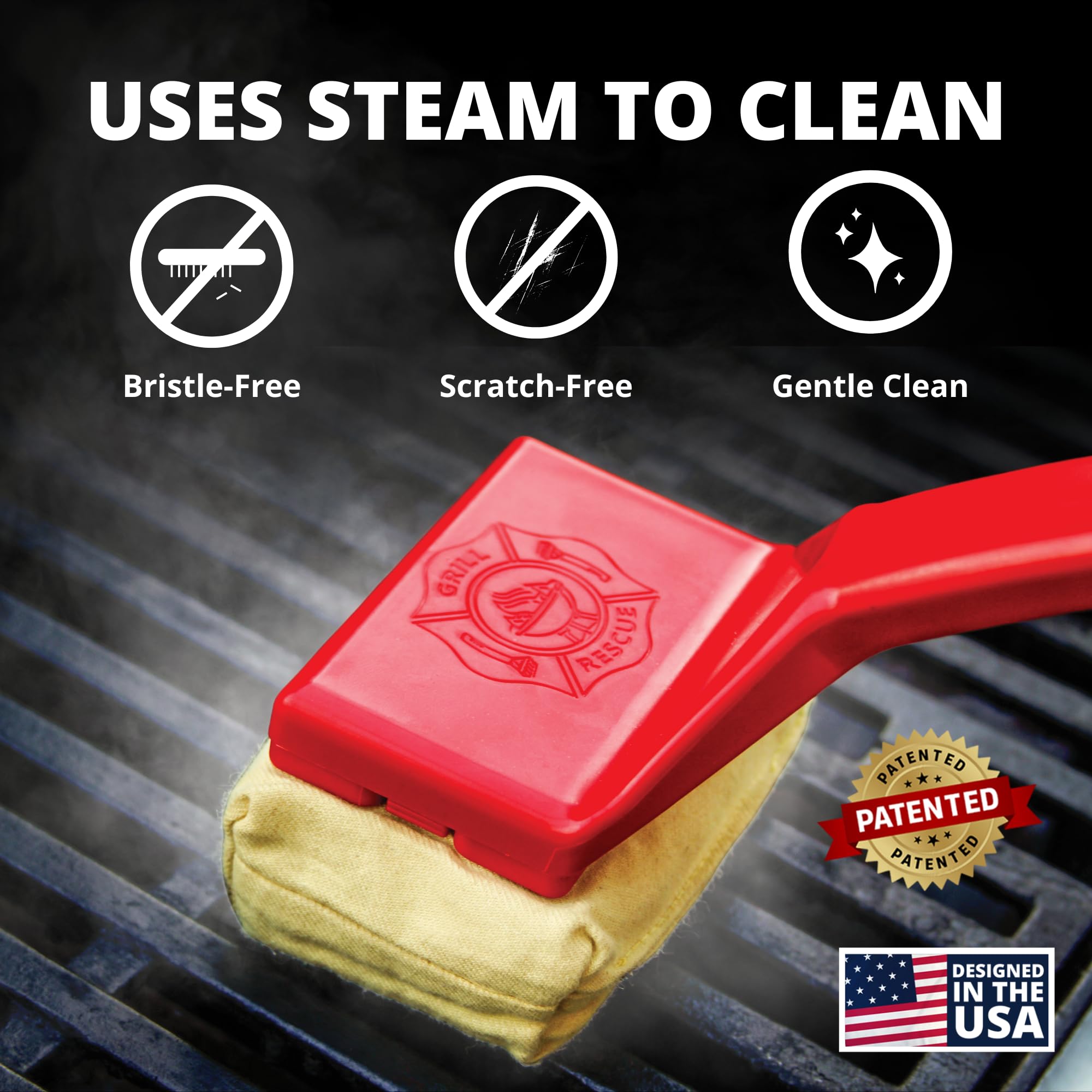 Grill Rescue heat-resistant cleaning head handles heavy residue up to 600°F.