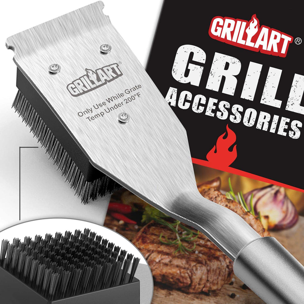 GRILLART 16.5-inch grill brush with reinforced stainless-steel handle for lasting durability.