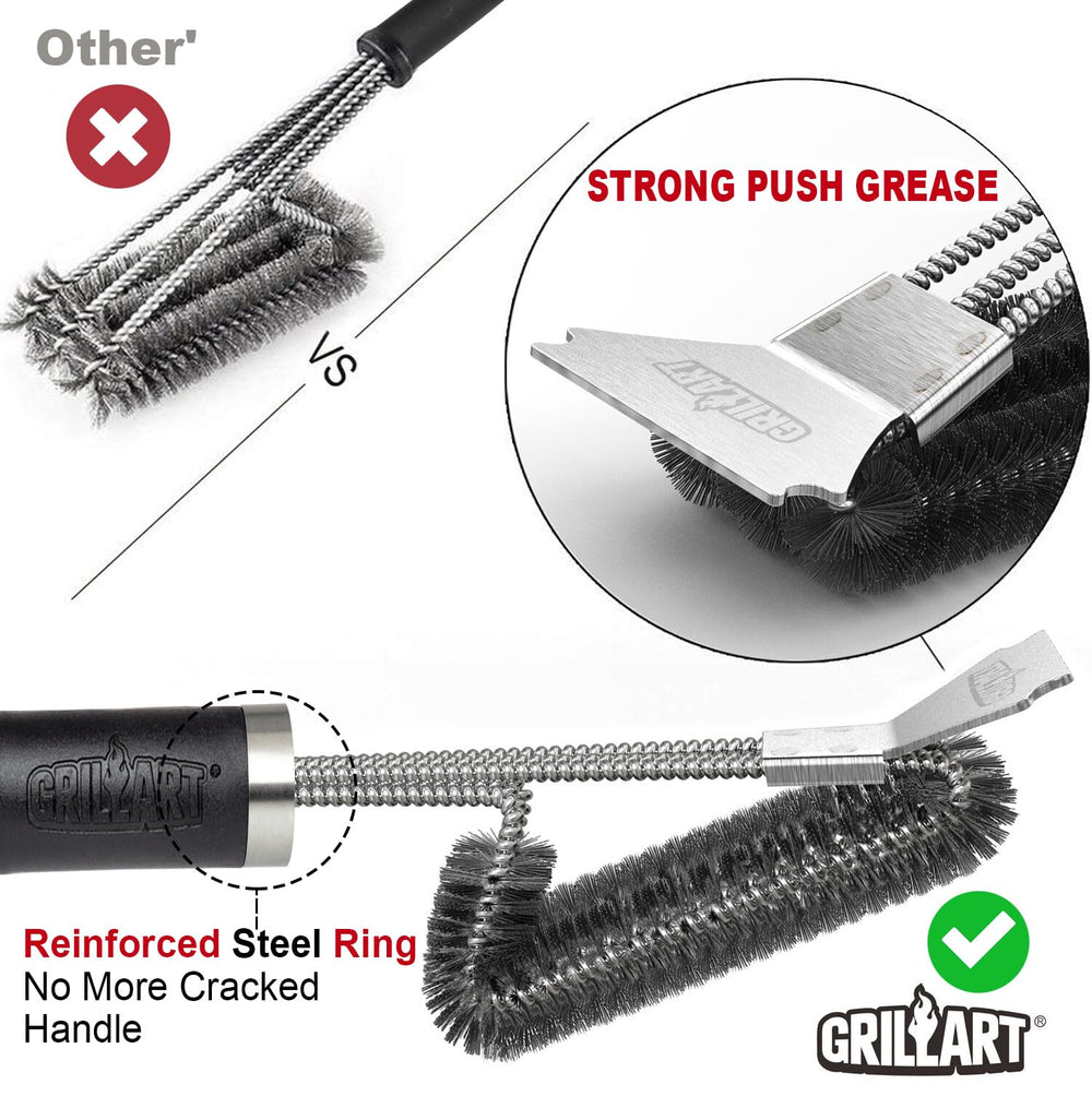 GRILLART 18 inch reinforced handle keeps hands safe while scrubbing