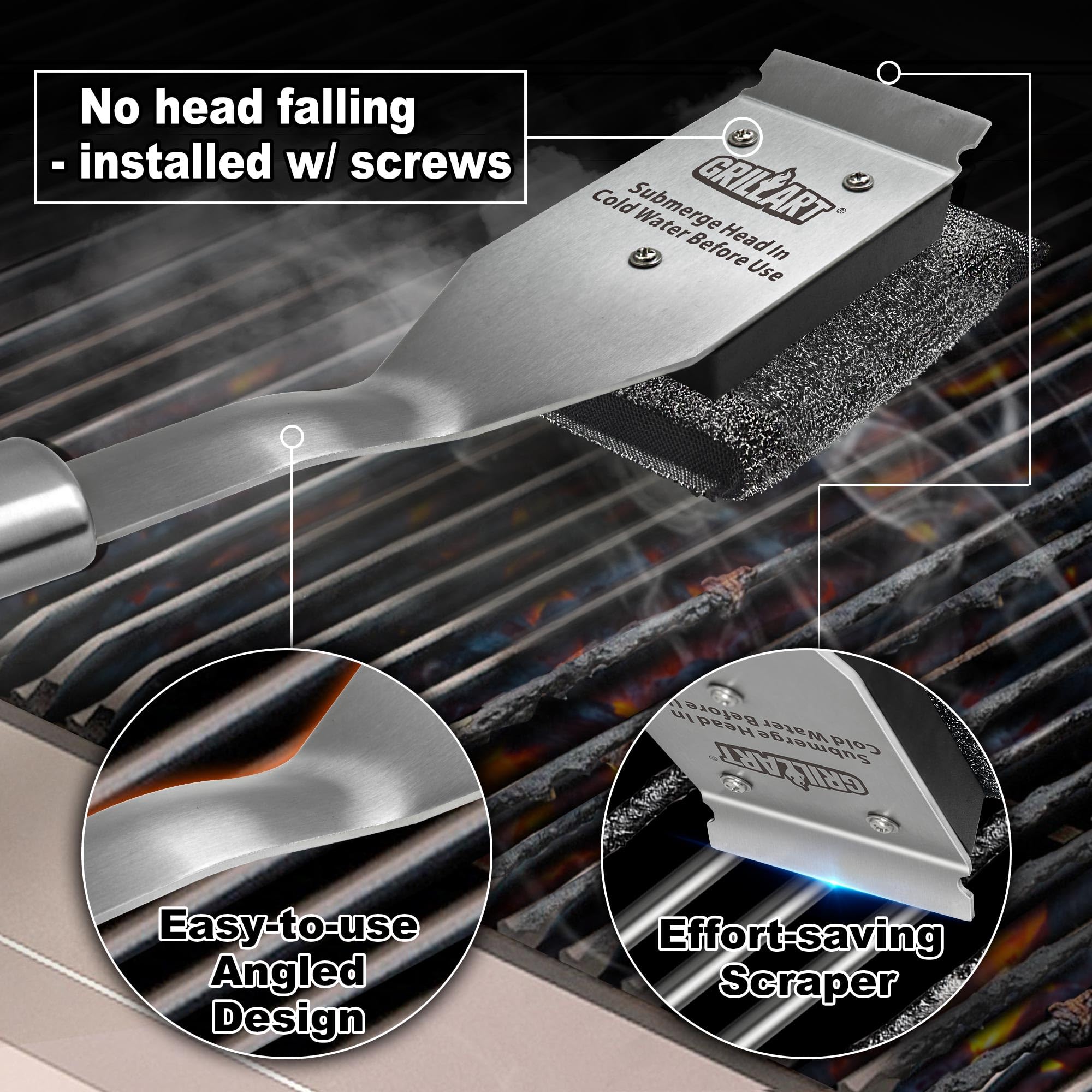 GRILLART angled design aids comfortable, safer scrubbing during grill maintenance
