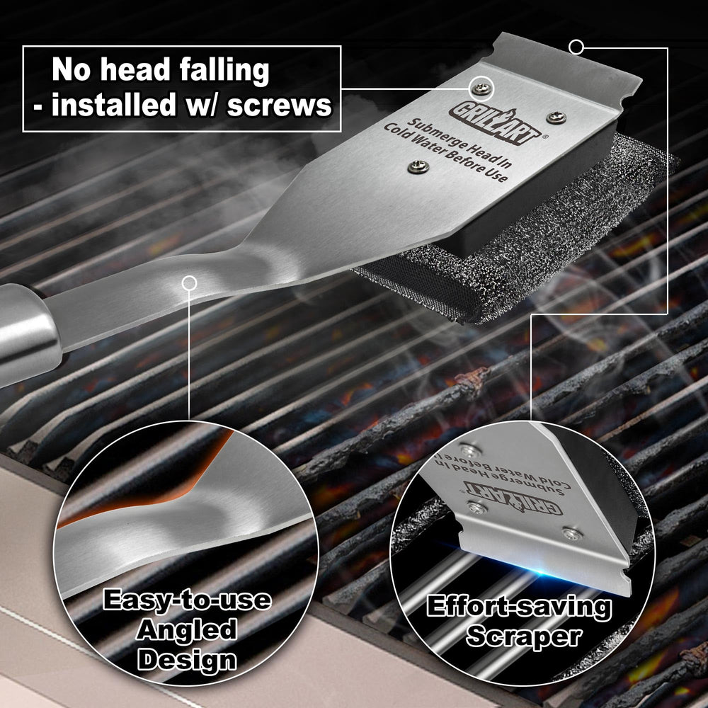 GRILLART angled design aids comfortable, safer scrubbing during grill maintenance