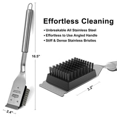 GRILLART angled-neck brush eases pressure for cleaner, flat grill surfaces.