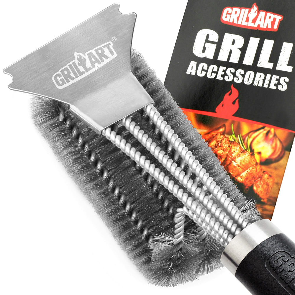 GRILLART 3-in-1 grill brush with stainless bristles cleans hard-to-reach grill corners