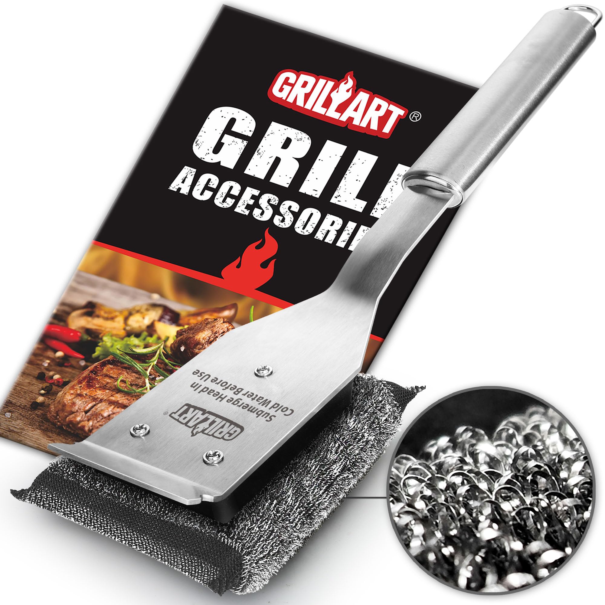GRILLART StelFyber head close-up showing bristle-free design for safe grilling