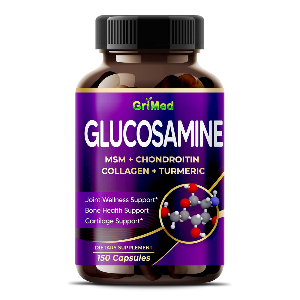 Grimed Glucosamine bottle with 150 capsules for long lasting joint support