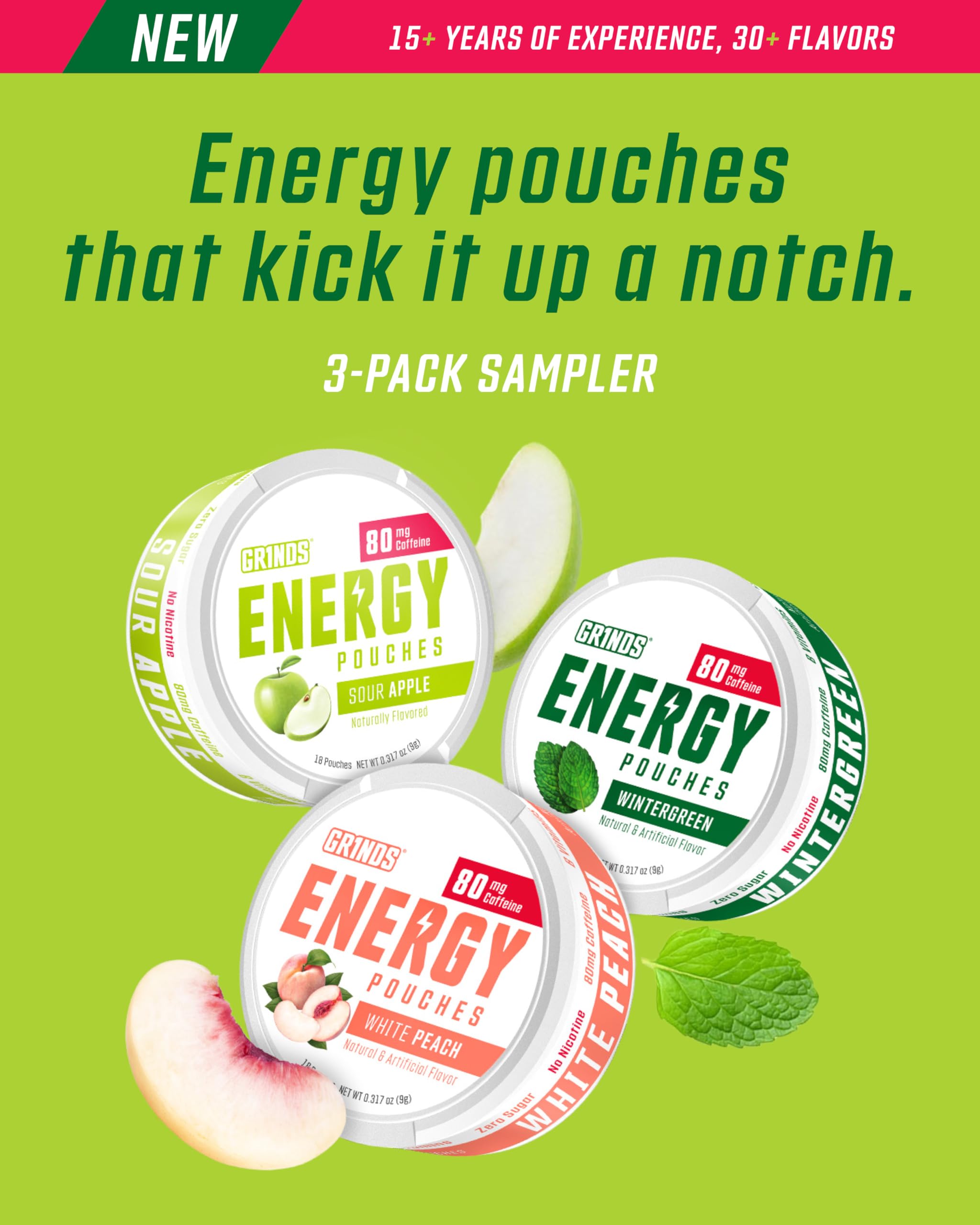 GRINDS energy pouch features B-vitamins for a steady, sugar-free boost.