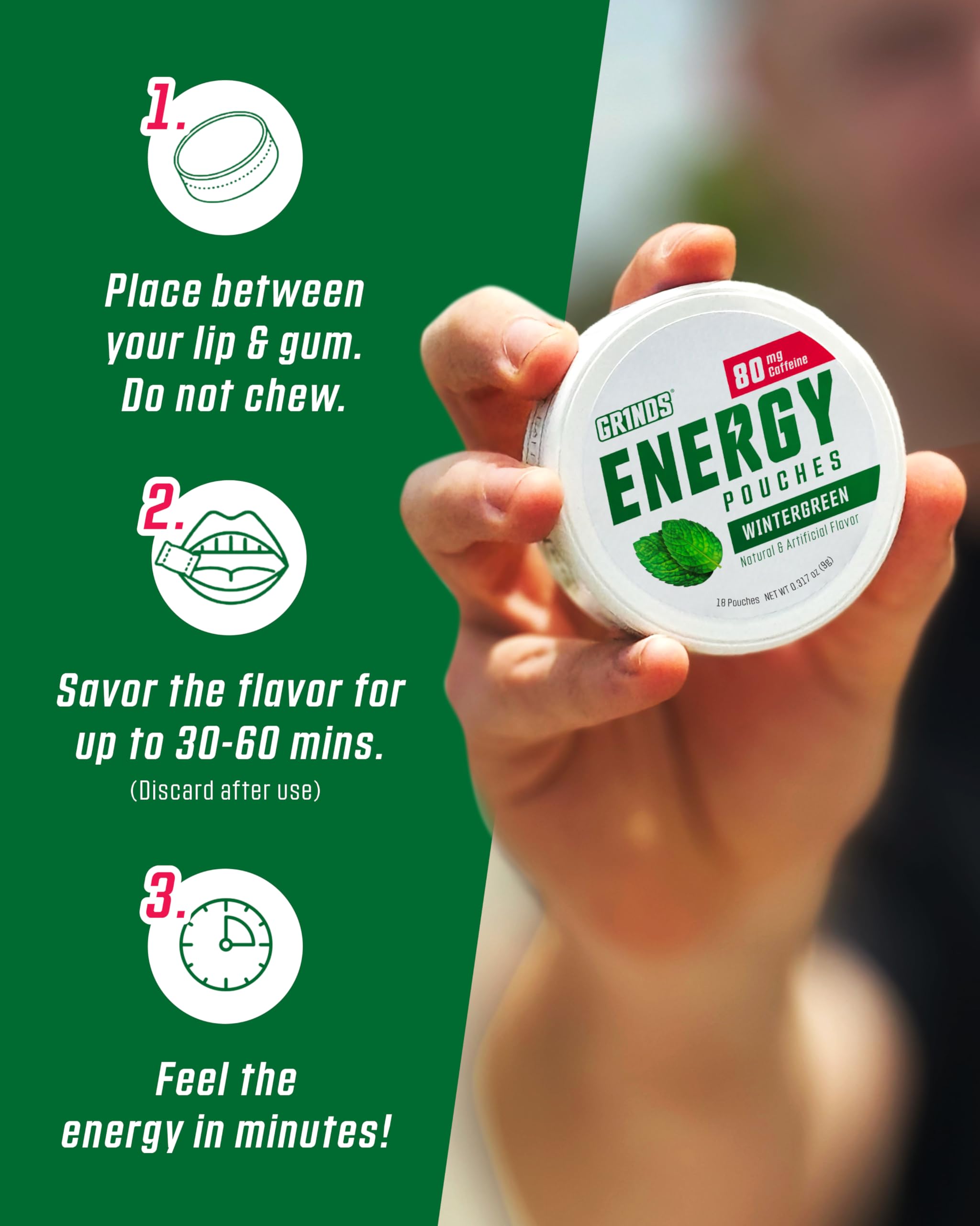 GRINDS Energy Pouches discreet on-the-go use with 80 mg caffeine.