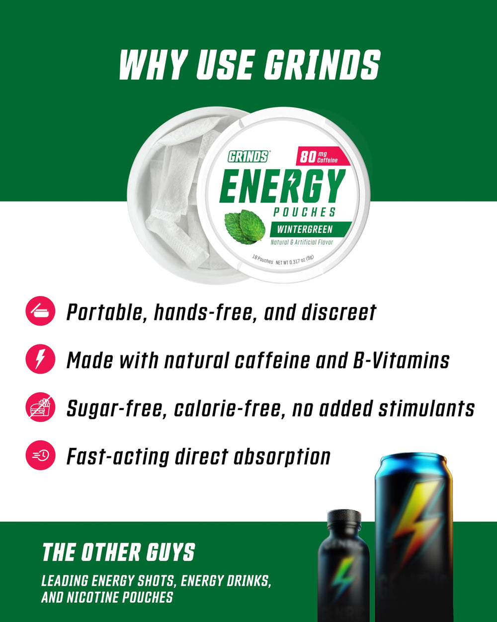 GRINDS Energy Pouches zero-calorie, sugar-free label visibility.