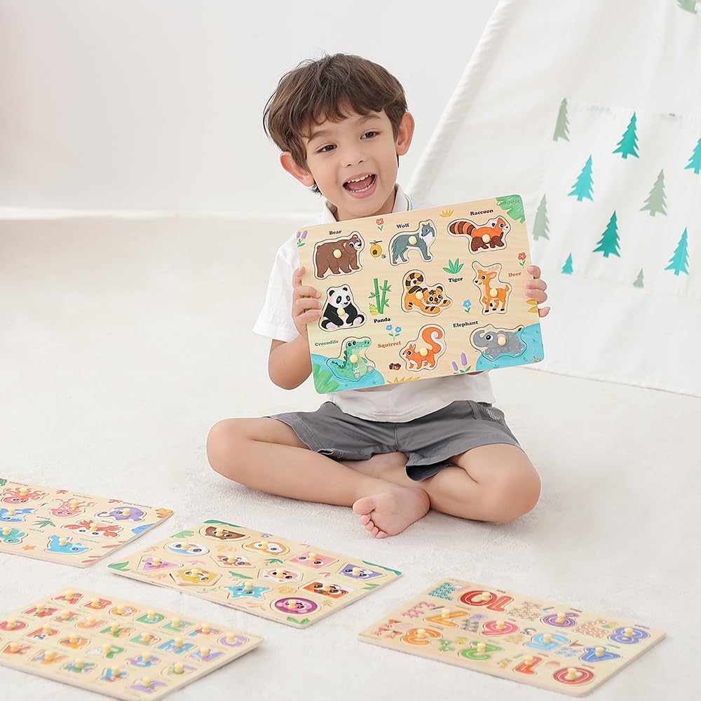 GRINNNIE alphabet puzzle with bright letters and easy-grip pegs for literacy play