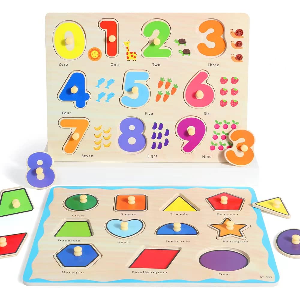 GRINNNIE wooden puzzle set with shapes for shape recognition practice.