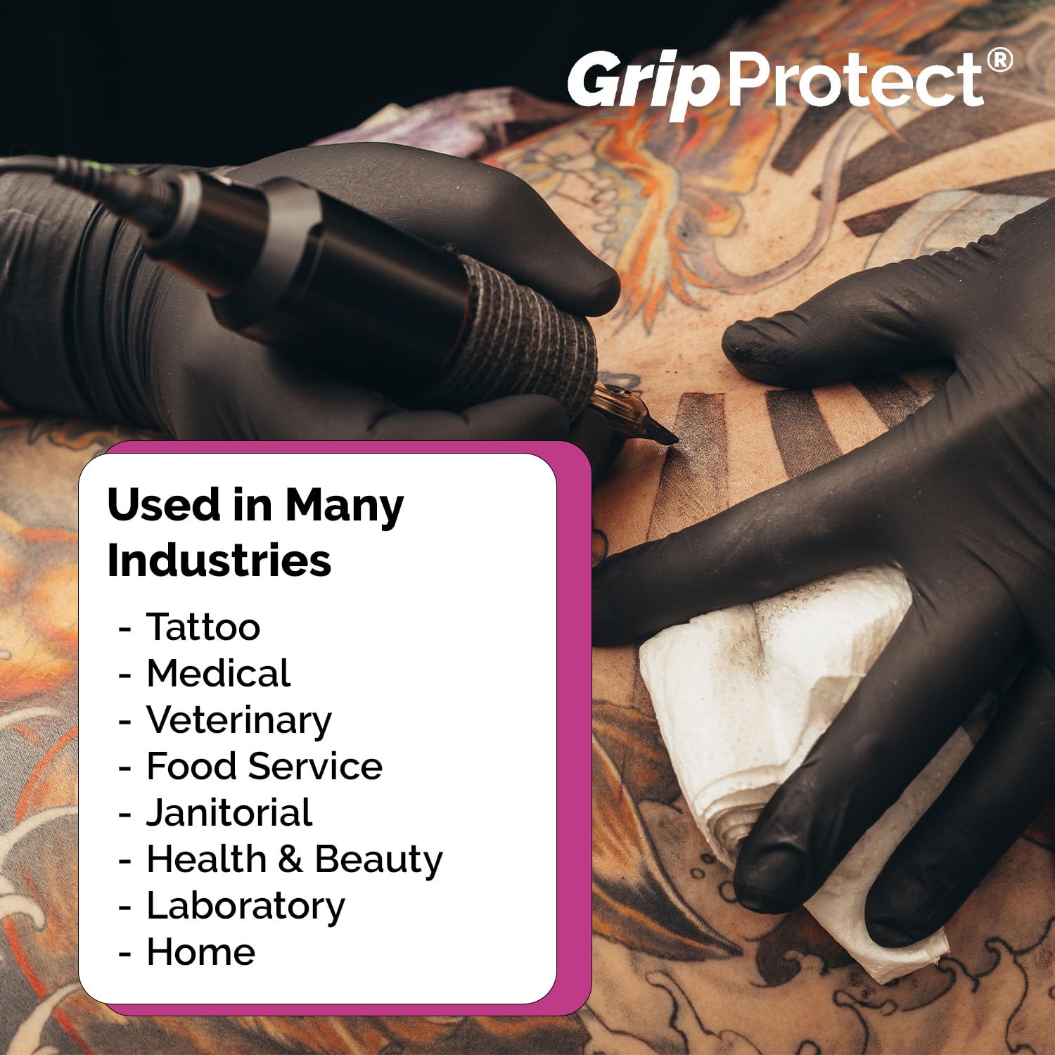 GripProtect Precise Black Nitrile Gloves multi-use utility – suited for mechanics, cleaners, and tattoo work.