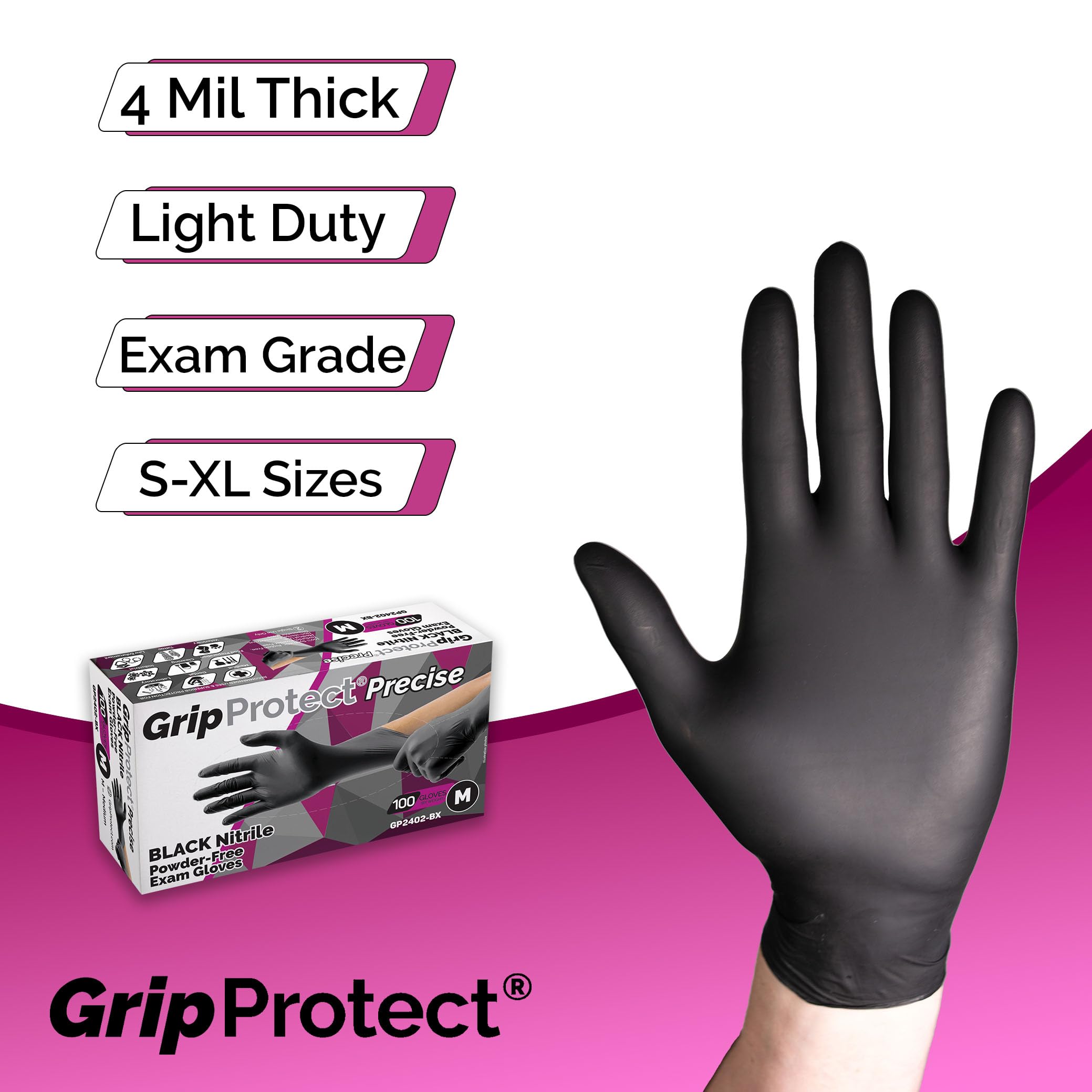 GripProtect Precise Black Nitrile Gloves on hand – tactile feel for precise tasks and comfort.