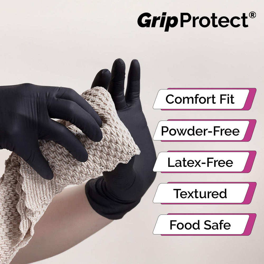 GripProtect Precise Black Nitrile Gloves texture closeup – durable latex-free grip against grease and grime.