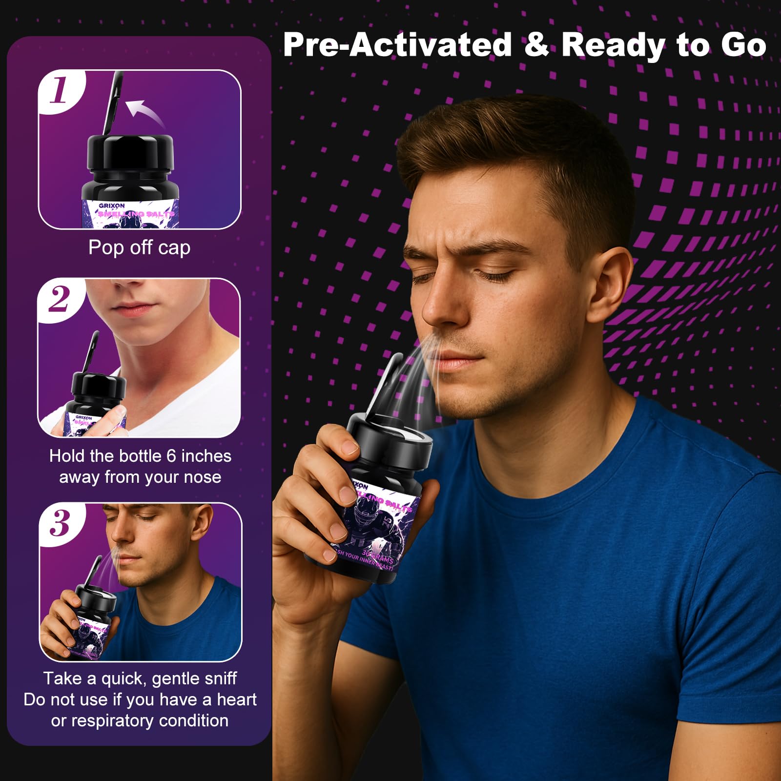 GRIXON salts label closeup shows potency details for focused workouts.