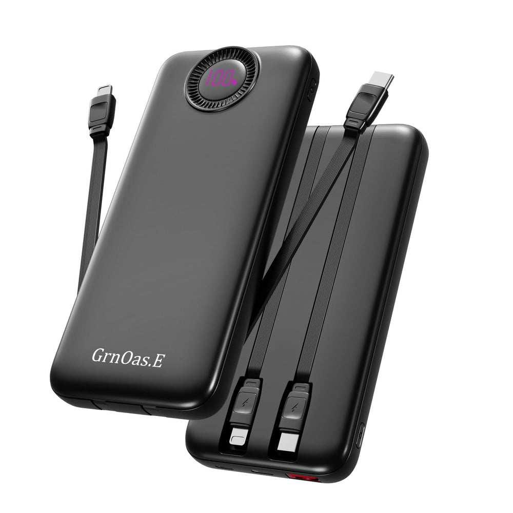 GrnOas.E power bank with built in cables for easy on the go charging