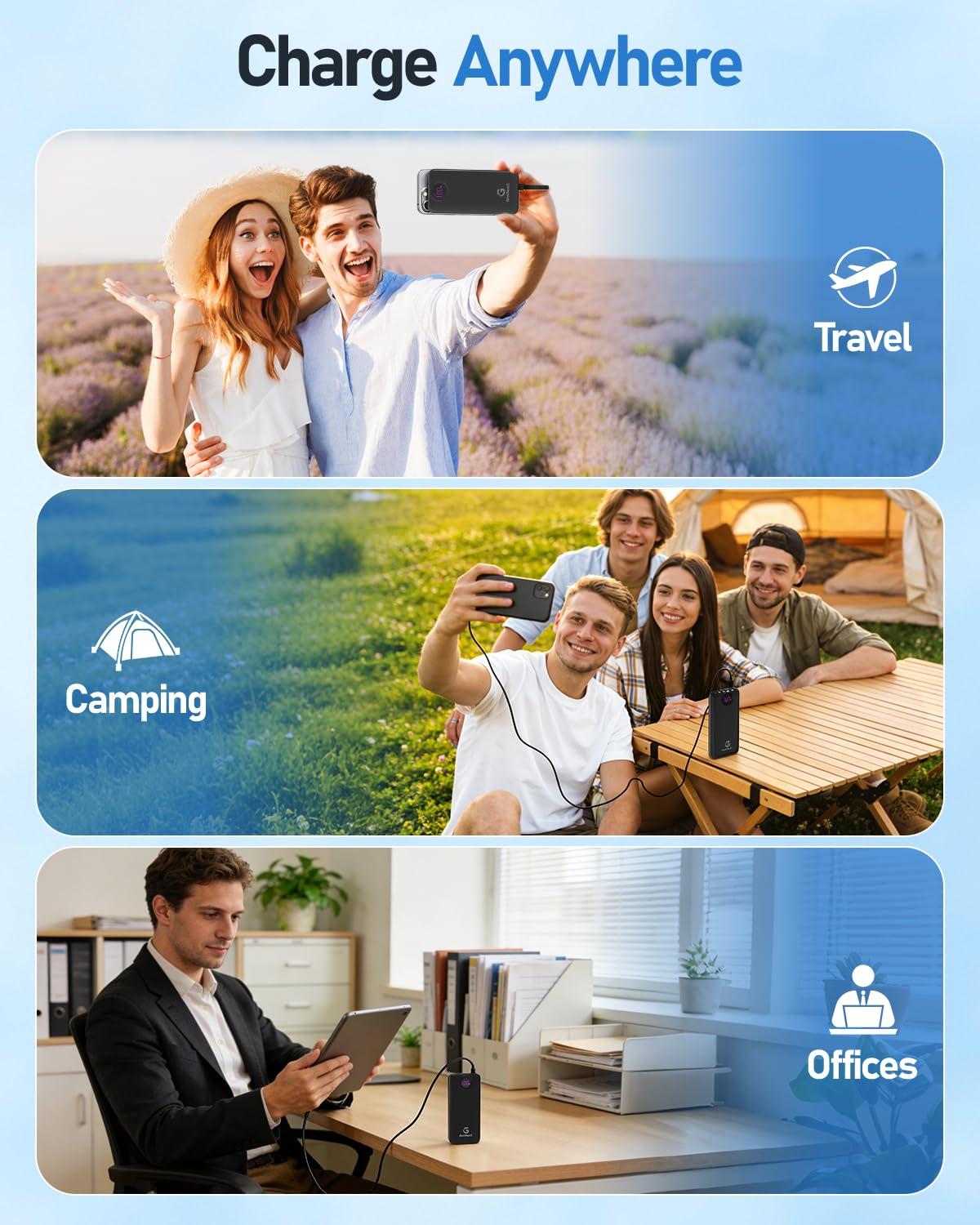 GrnOas.E power bank in travel scene showing compact portability