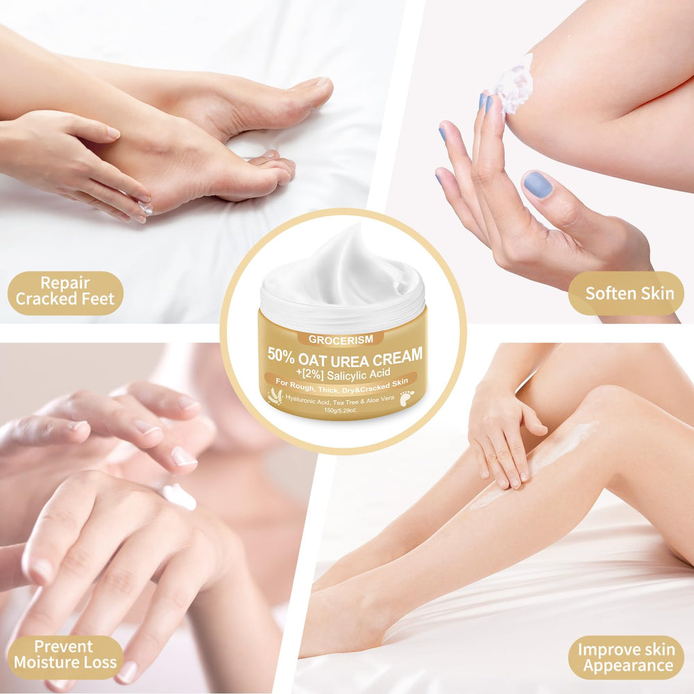 Grocerism Foot and Hand Cream in use on heels and hands.