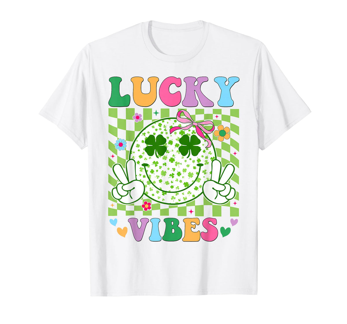 Groovy St Patrick's Day Lucky Vibes shamrock t-shirt front view for festive wear.
