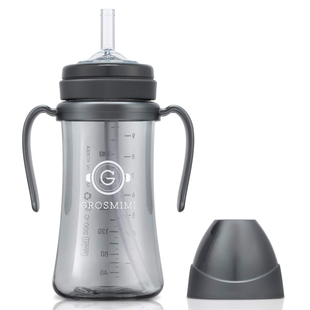 GROSMIMI spill-proof sippy cup charcoal design for mess-free travel.