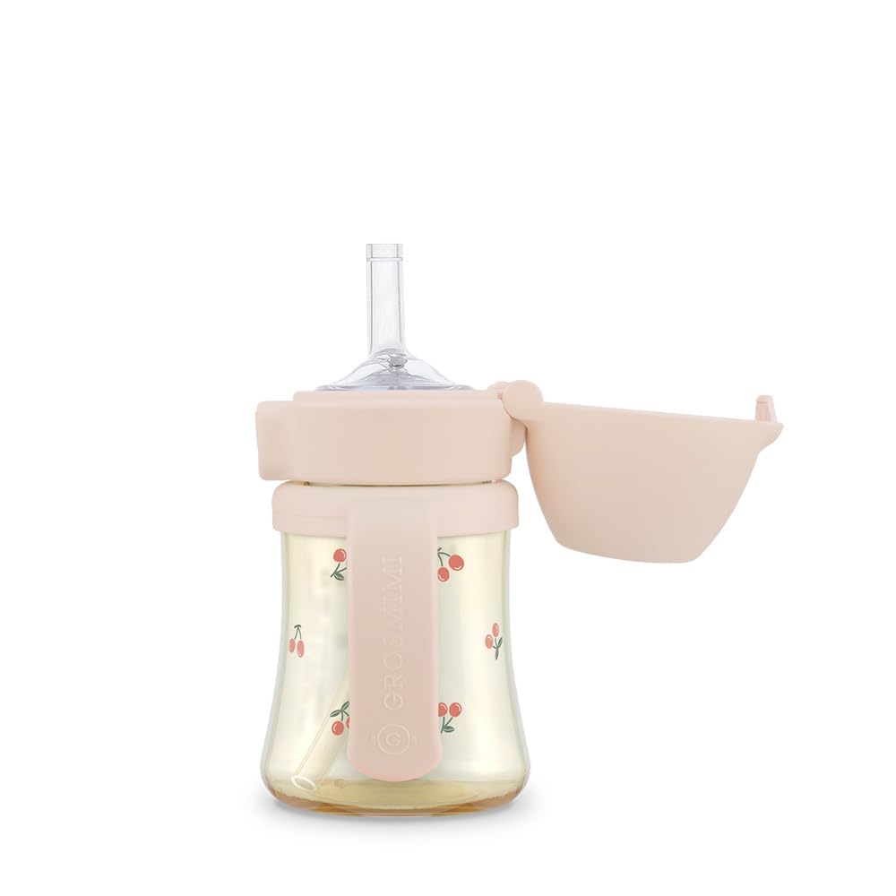 GROSMIMI flip-top sippy cup with cherry lid, spill-proof.