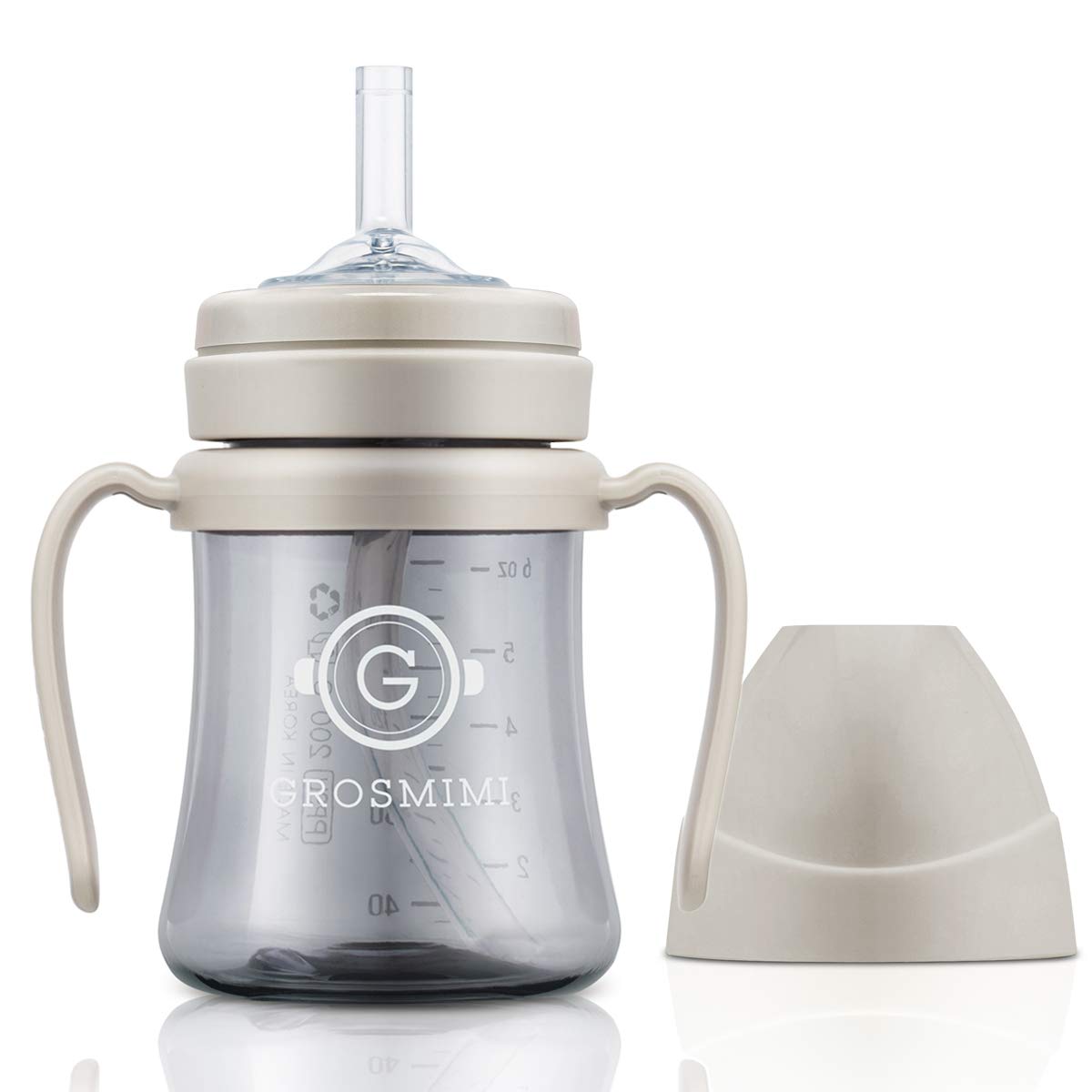 GROSMIMI beige spill-proof sippy cup, 6 oz, for mess-free drinking.