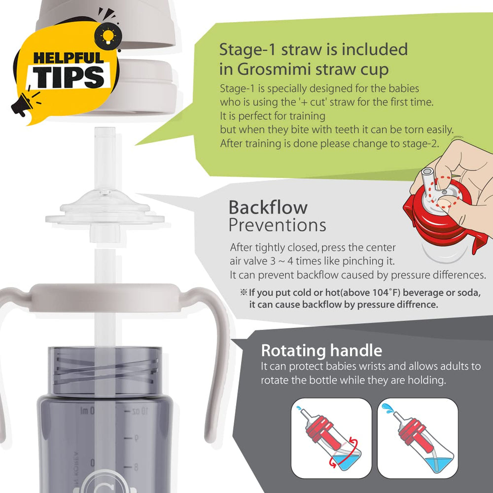GROSMIMI spill-proof sippy cup keeps messes down during meals.