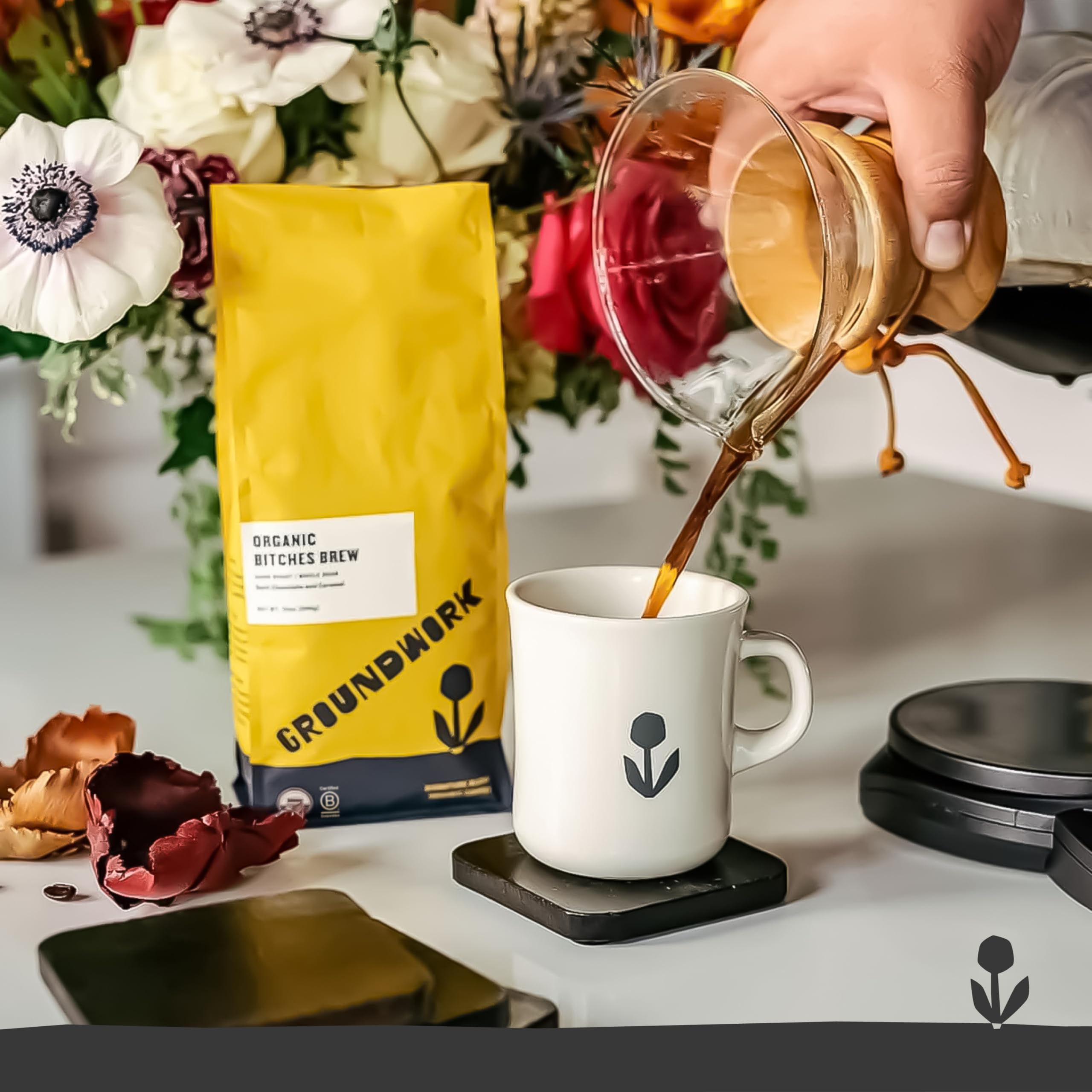 Groundwork B*tches Brew dark roast coffee steaming cup highlights aroma.